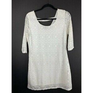 Fresh Of LA Size Petite Large Womens White Dress 1/2 Length Sleeve Lace Lined